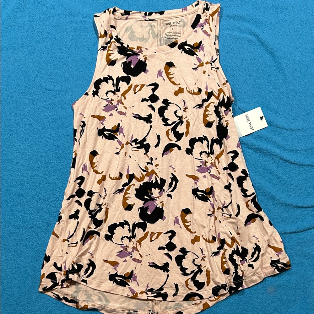 Nine West Cream Floral Swing Tank with Black, Brown & Purple Print
